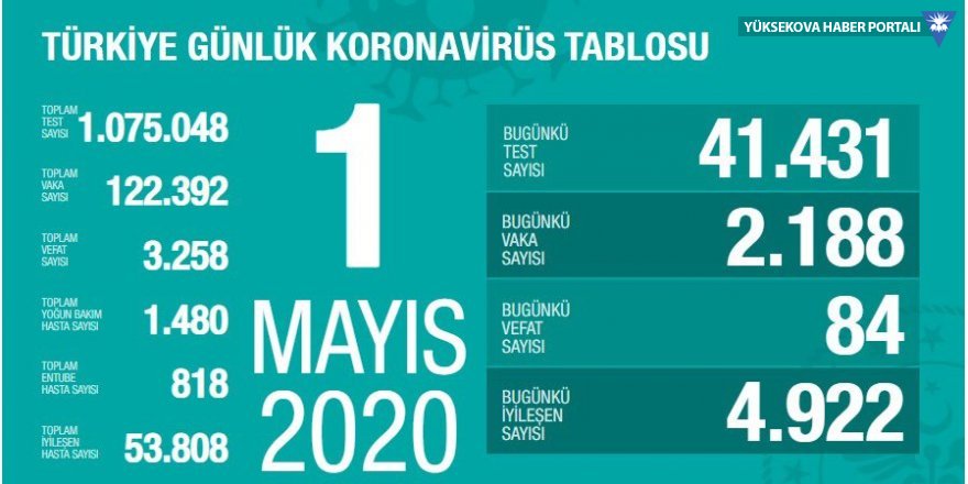 Türkiye'de koronavirüs nedeniyle 84 kişi daha hayatını kaybetti, 2 bin 188 yeni tanı kondu