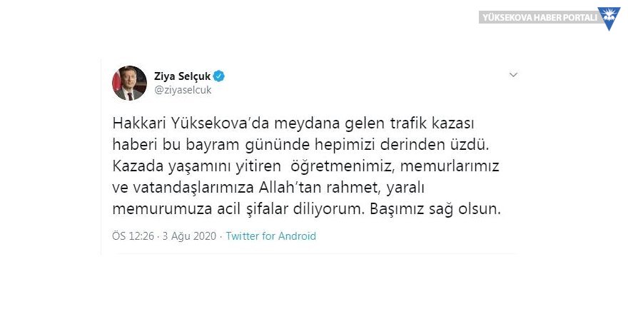 Bakan Selçuk'tan Yüksekova'daki kazada ölenler için başsağlığı mesajı