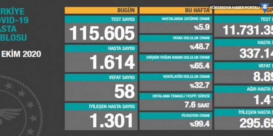 Türkiye'de koronavirüsten 58 can kaybı, 1614 yeni hasta