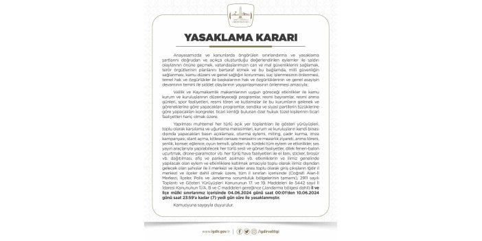 Iğdır’da gösteri yürüyüşü ve açık hava toplantıları yasaklandı