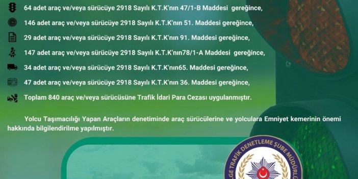 Bingöl’de Temmuz ayı içinde 840 araca para cezası uygulandı