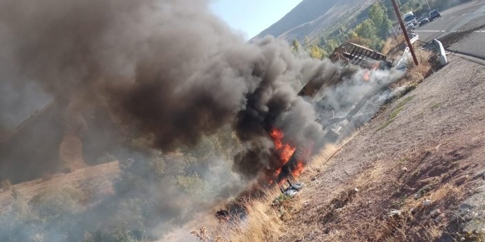 Malatya'da kontrolden çıkan tır şarampole yuvarlanıp alev aldı: 1 yaralı