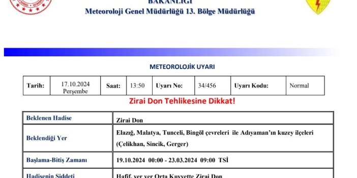 Meteorolojiden zirai don uyarısı