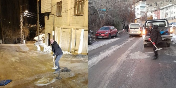 Hakkari’de buz pistine dönen yollarda tuzlama çalışmaları yürütülüyor