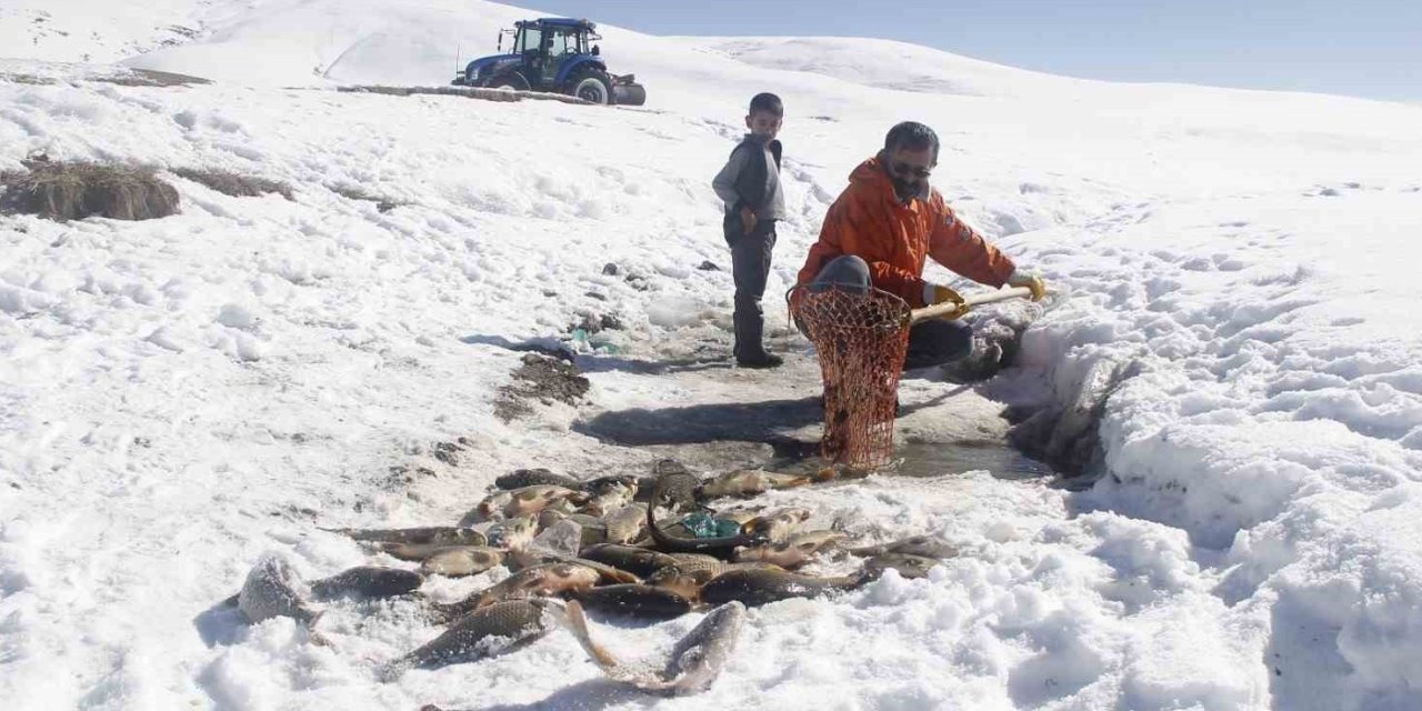 Buz tutan gölette "Eskimo" usulü balık avı