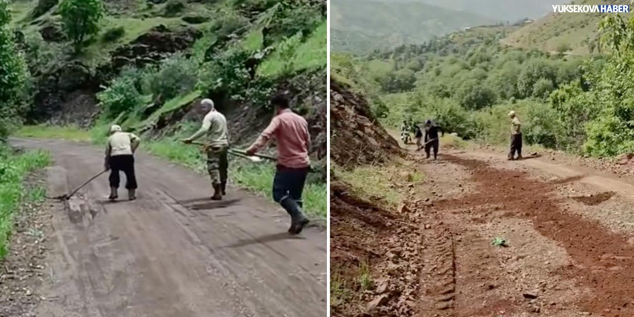 Mezra yolunda oluşan çukurları küreklerle onarmaya çalıştılar