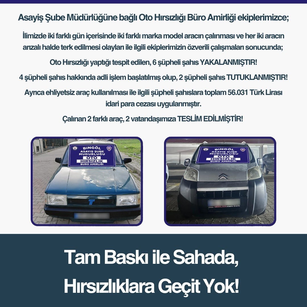 Bingöl’de oto hırsızlığı yapan 6 kişi yakalandı