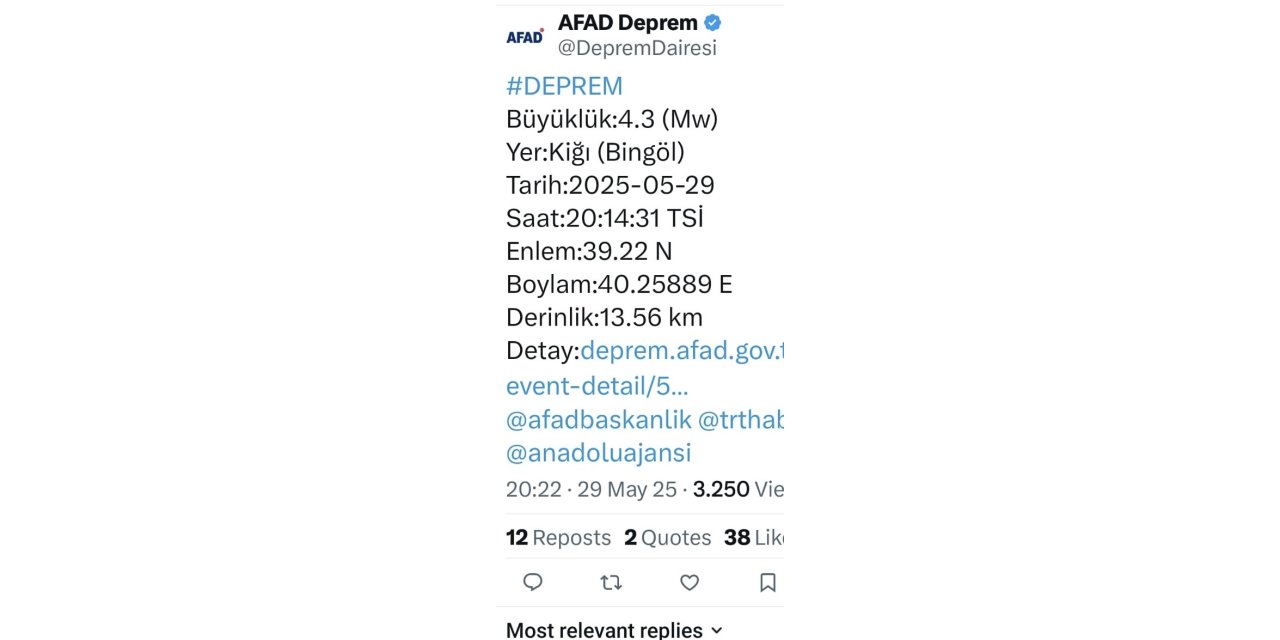 Bingöl’de 4,3 büyüklüğünde deprem oldu