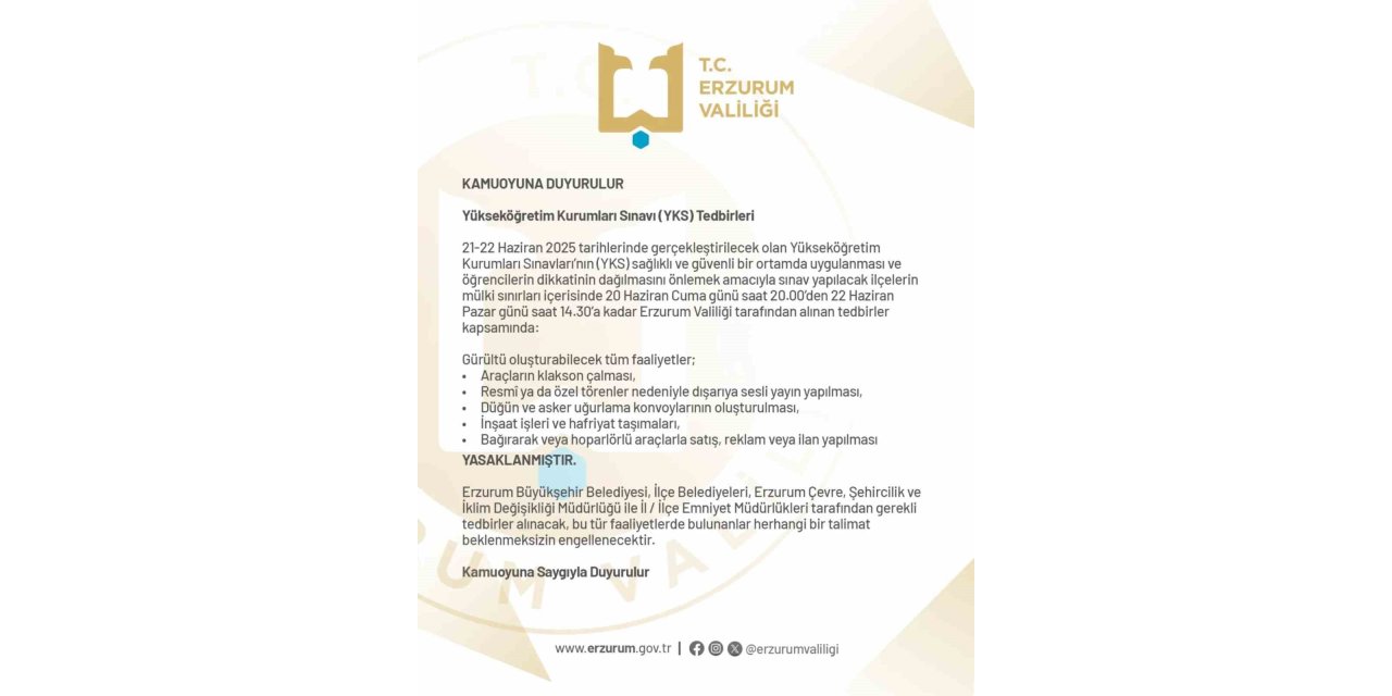 Erzurum Valiliği’nden YKS sınavı önlemleri