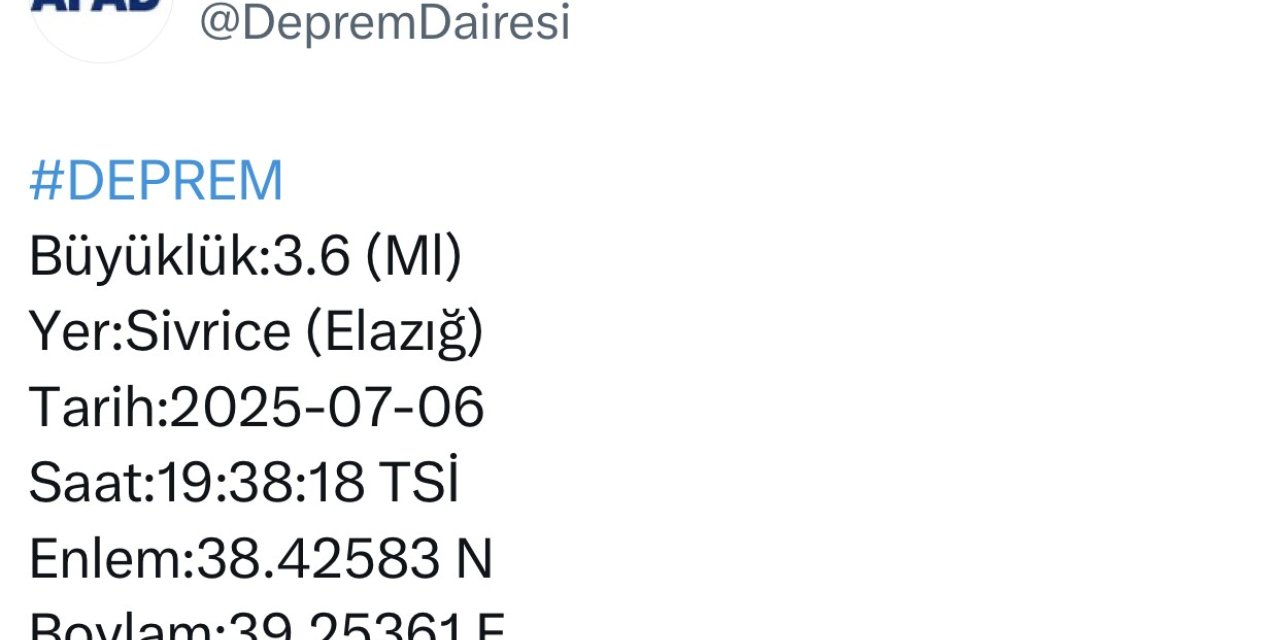 Elazığ’da 3.6 büyüklüğünde deprem meydana geldi
