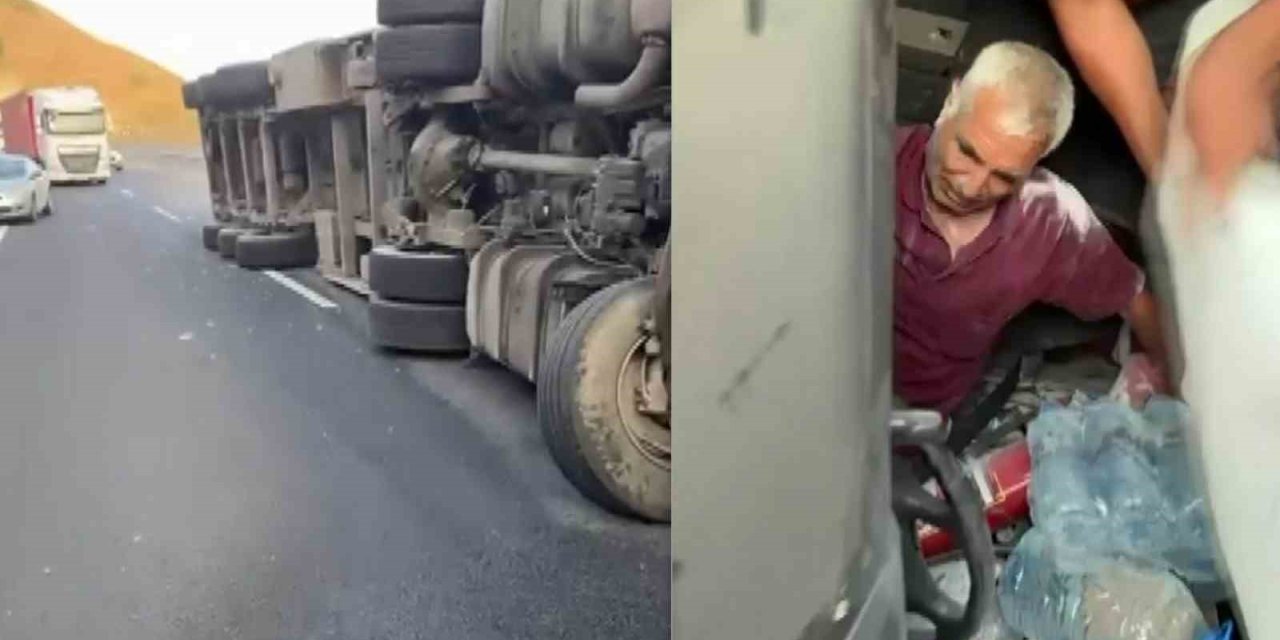 Devrilen tırda sıkışan sürücü  kurtarıldı