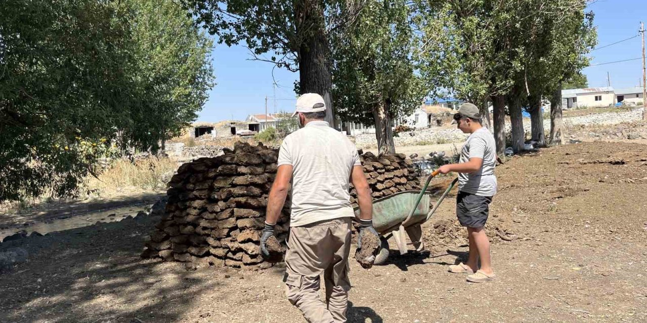 Kars’ta köylülerin kışlık tezek mesaisi