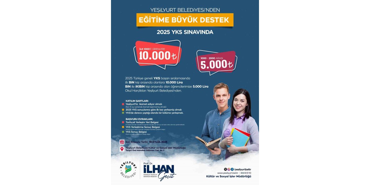 YKS’de ilk 2 bine giren öğrencilere Yeşilyurt’tan  ödül