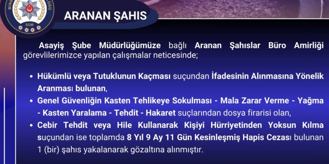 Bingöl’de 8 yıl kesinleşmiş hapis cezası bulunan kişi yakalandı