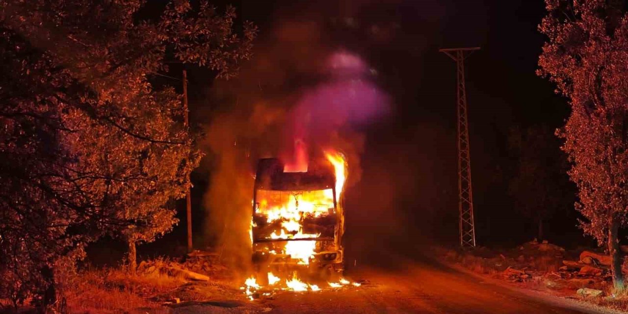 Adıyaman'da park halindeki kamyon cayır cayır yandı