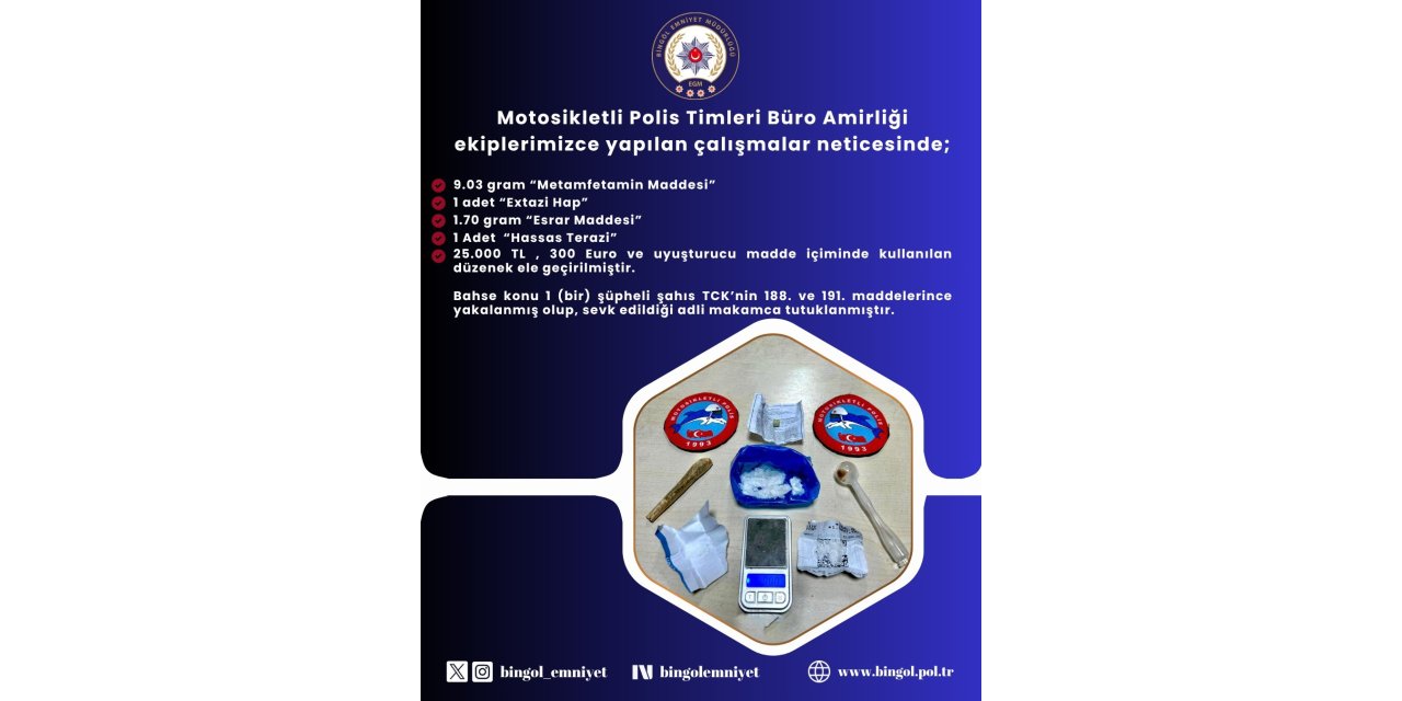 Bingöl’de uyuşturucu operasyonu: 1 kişi tutuklandı