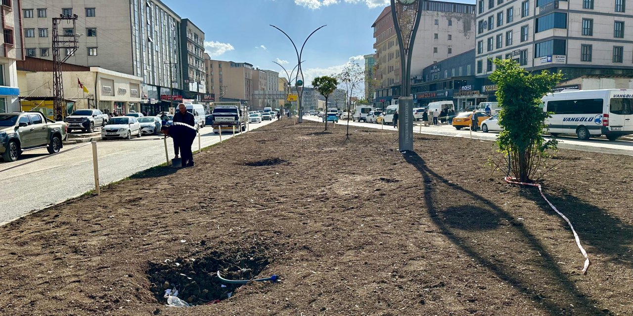 İpek Yolu Caddesi orta refüjünde çimlendirme ve fidan dikimi çalışmalarına başlandı