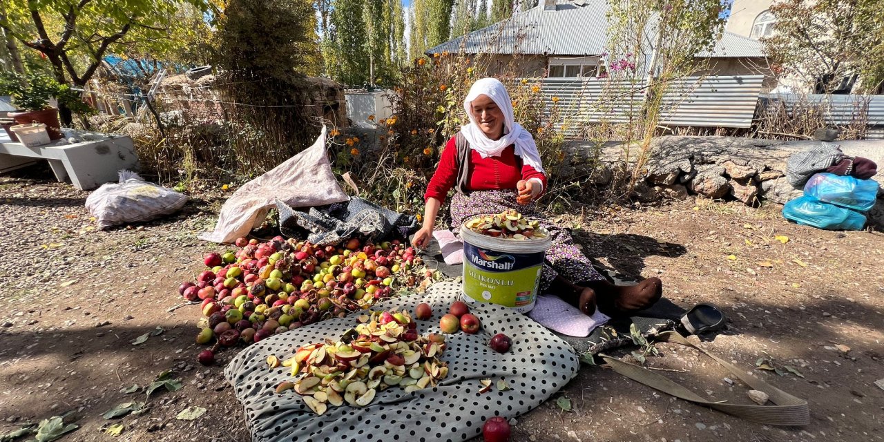 Yüksekova’nın Ortaç Köyü’nde kadınlar elma kurutarak geçim sağlıyor