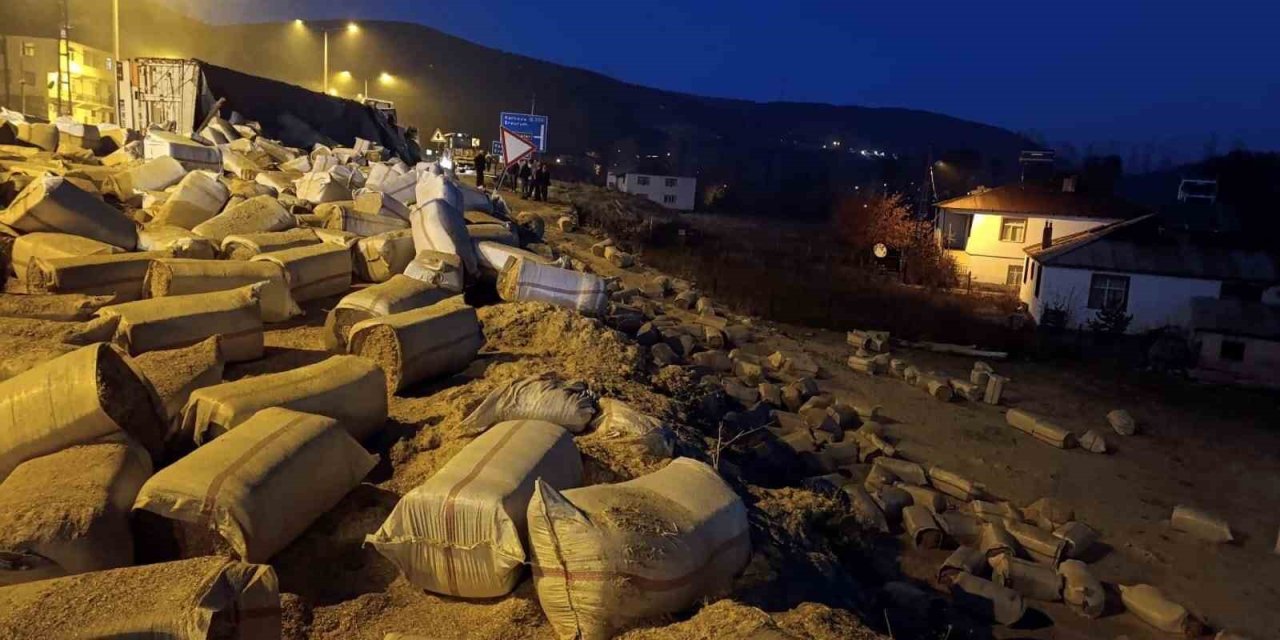 Bingöl’de saman yüklü kamyon devrildi