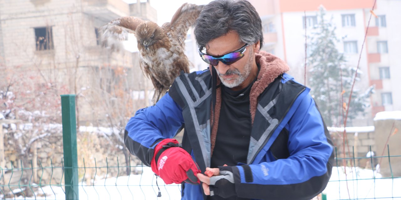 Yüksekova'da tedavi edip doğaya bıraktığı kızıl şahin, aylar sonra geri döndü