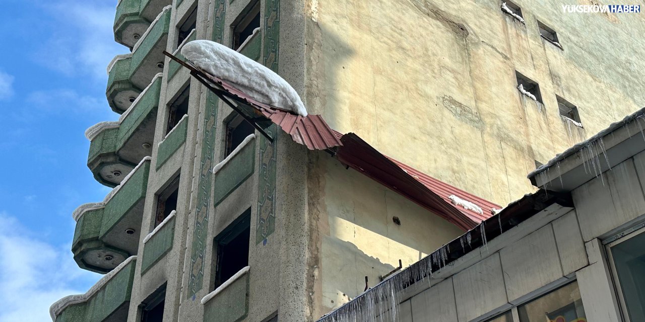 Yüksekova’da yıkımı yarım kalan binada kar kütlesi tehlikesi