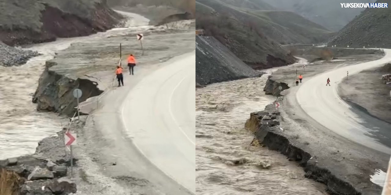 Yüksekova-Yeniköprü yolunda dere taşkını: Yol kenarı çöktü
