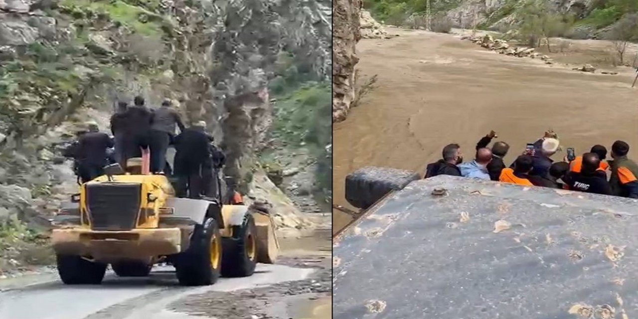 Kavaklı’da dere taştı; işçiler kepçeyle taşındı
