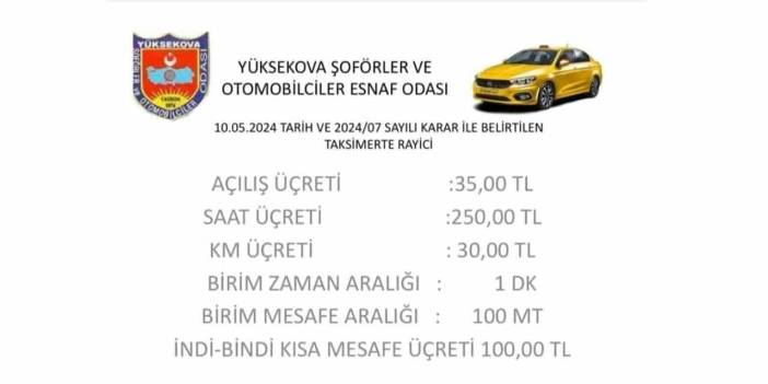 Yüksekova’da ticari taksi ücretlerine zam