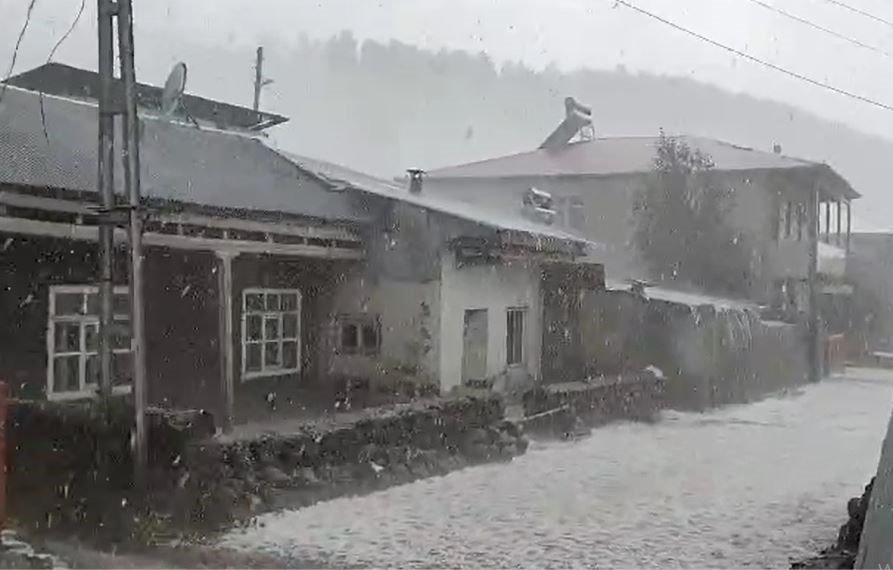 Ardahan’da dolu yağışı sonrası yerler beyaza büründü