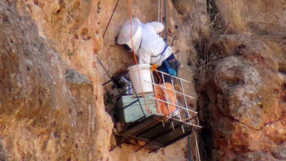 Yalçın öğretmen, 300 metre yükseklikteki kayalardan topladığı balı hastalara veriyor