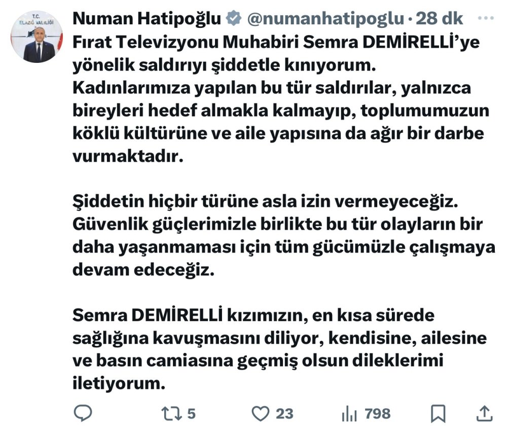 Elazığ Valisi Hatipoğlu, yerelde çalışan muhabire yönelik silahlı saldırıyı kınadı