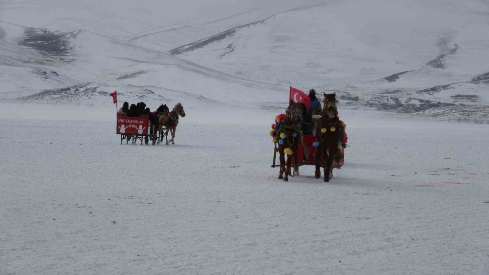 Çıldır Gölü’nde atlı kızak keyfi