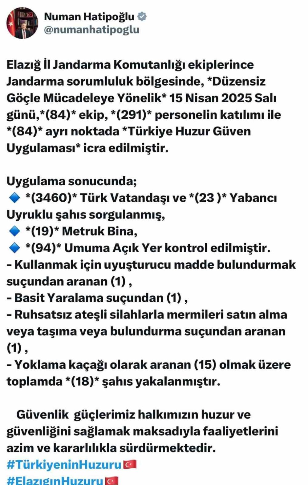 Elazığ’da jandarmadan huzur ve güven uygulaması: 18 kişi yakalandı