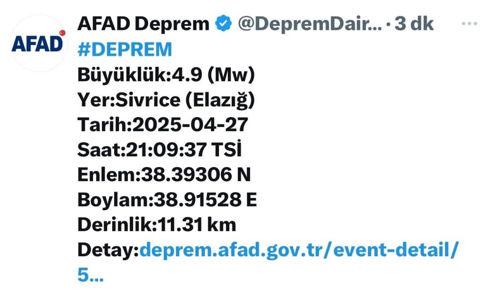 Elazığ’da 4,9 büyüklüğünde deprem meydan geldi