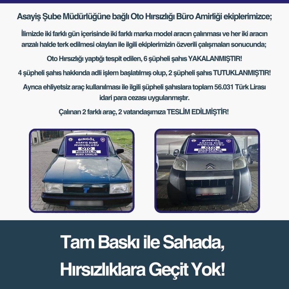 Bingöl’de oto hırsızlığı yapan 6 kişi yakalandı