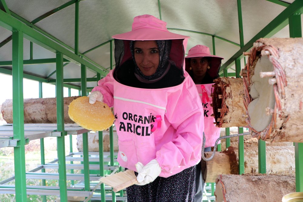 Pembe maskeli arıcı kadınlar, bal hasadında 'meme kanserine' dikkat çekti