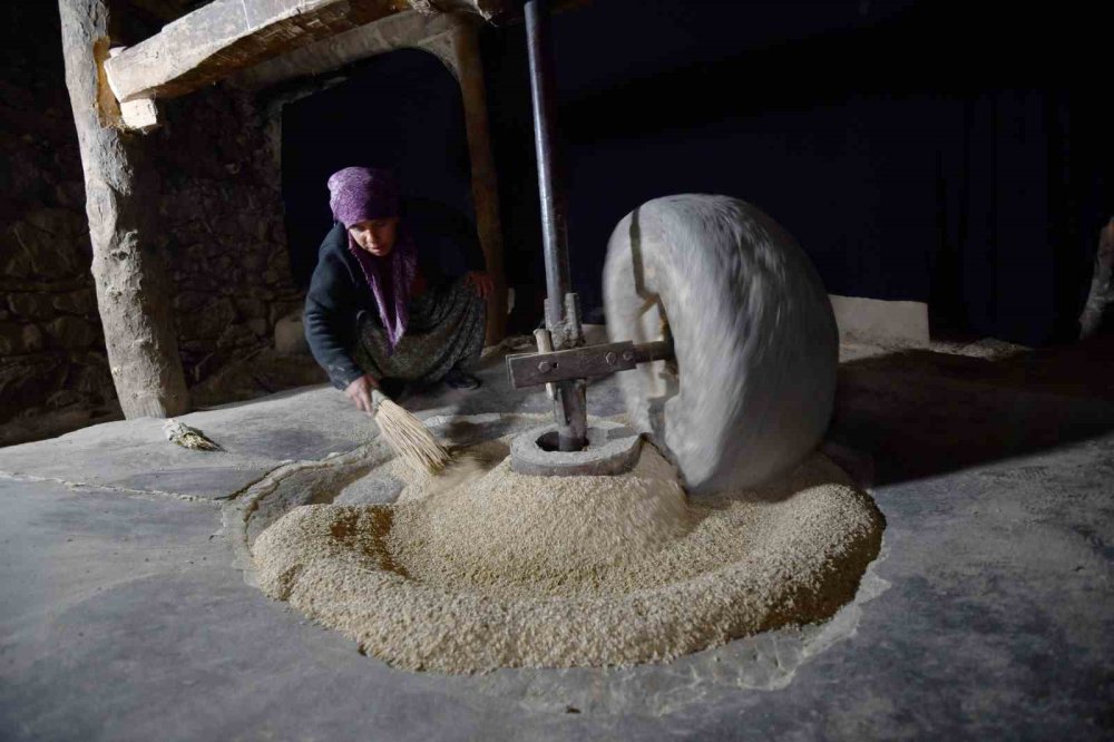 Asırlık su değirmeniyle doğal pirinç üretimi sürüyor
