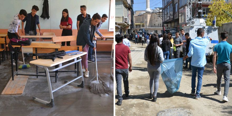 Yüksekova'da öğretmen ve öğrencilerden temizlik çalışması